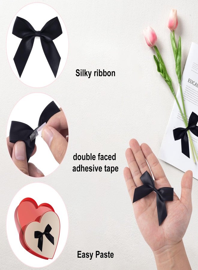 STSTR 15PCS Self-Adhesive Black Bow Decor, 2.5" Premade Satin Ribbon Bow, Soft Small Craft Bowknots for Present Wrapping, Cute Cake Bows for Wedding Birthday Party Decoration - Black - Image 4